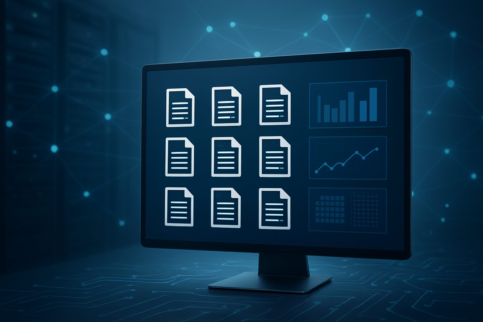 A computer monitor displaying digital document icons and graphical data visualizations, emphasizing the concept of digit