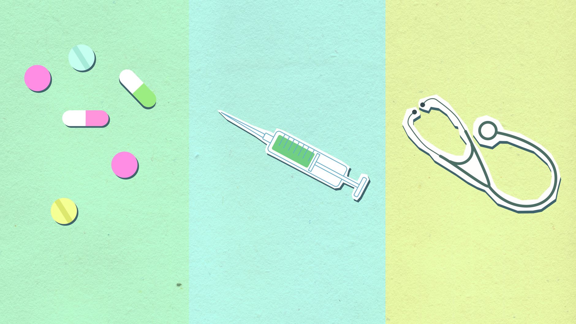 Top view of decorative cardboard appliques representing assorted medications near syringe with vaccine and stethoscope — IOP