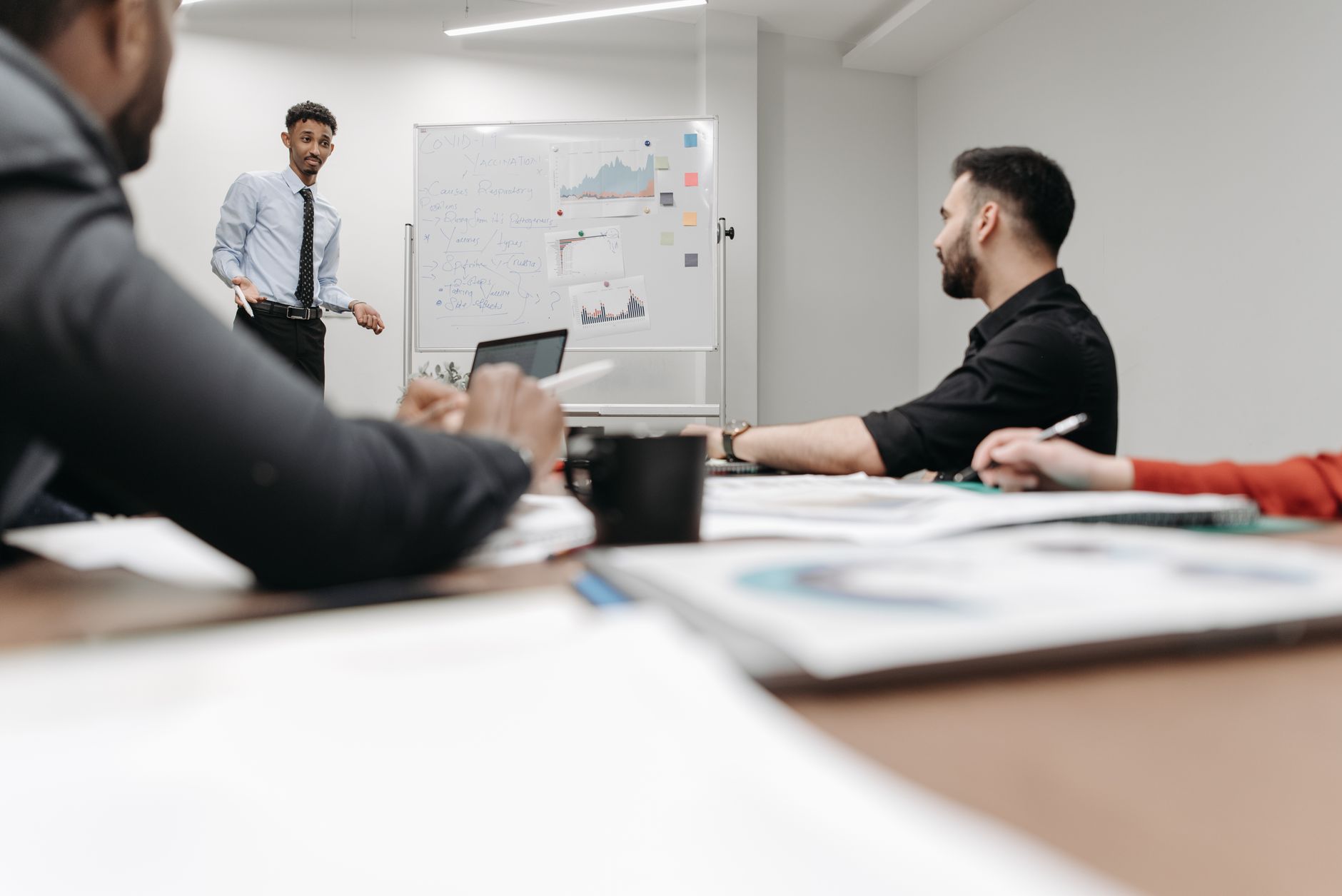 Corporate team during a presentation in an office setting, featuring discussions and planning. — Learning How To Take Control