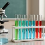 Test tubes with colored liquids and a microscope in a laboratory setting