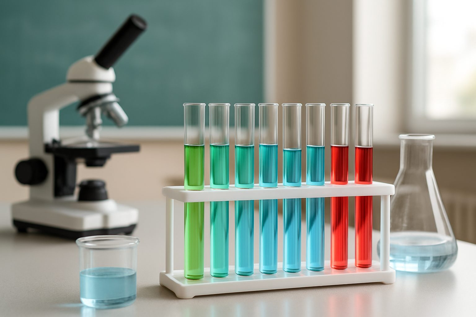 Test tubes with colored liquids and a microscope in a laboratory setting