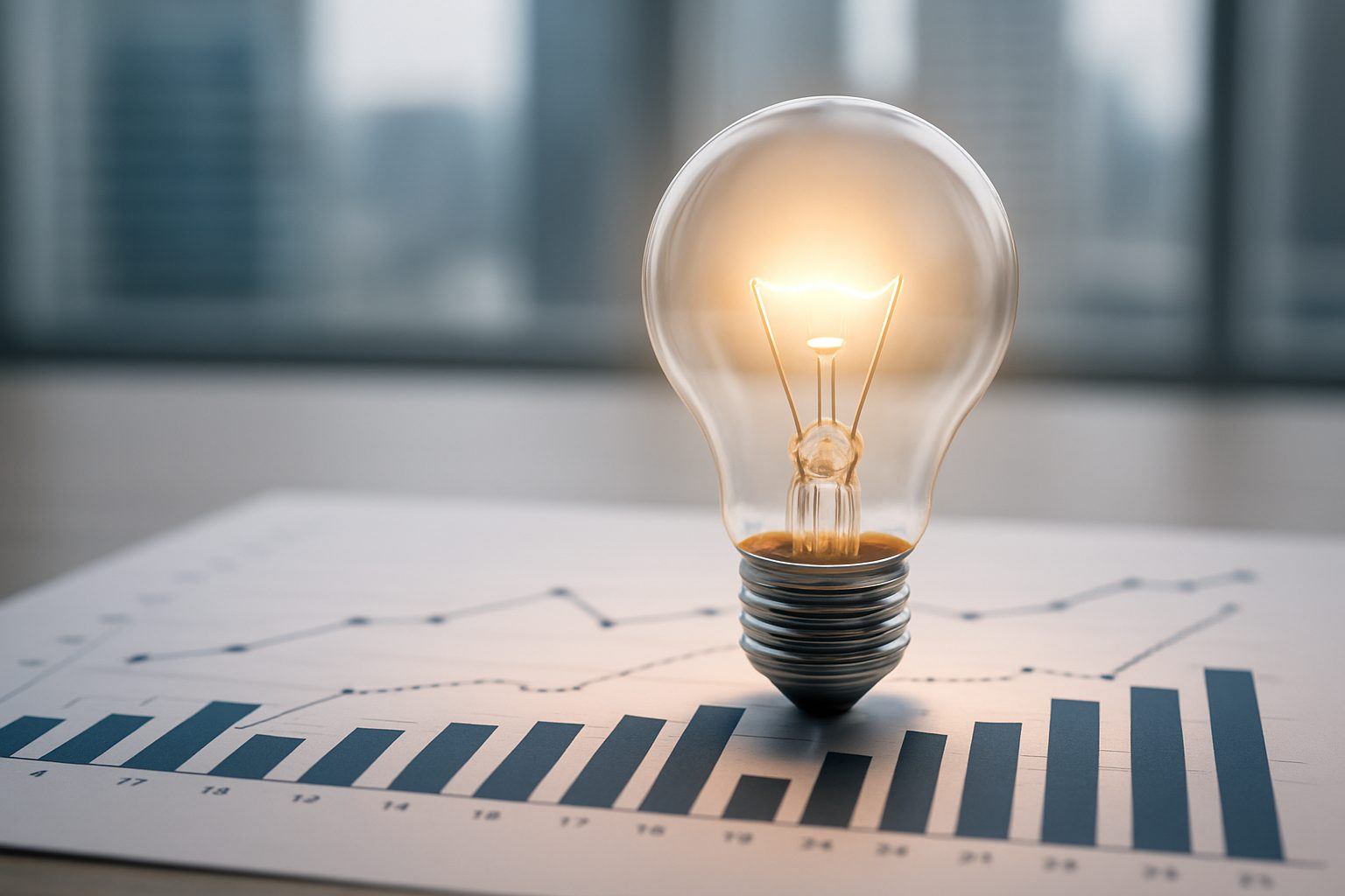 A light bulb illuminated above a graph depicting growth trends, symbolizing innovative ideas in business.